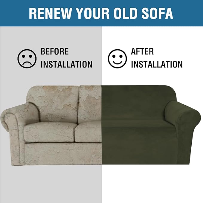 H.VERSAILTEX Stretch Velvet Sofa Covers for 3 Cushion Couch Covers Furniture Protector Soft with Non Slip Elastic Bottom, Crafted from Thick Comfy Rich Velour (Sofa 72"-90", Olive)