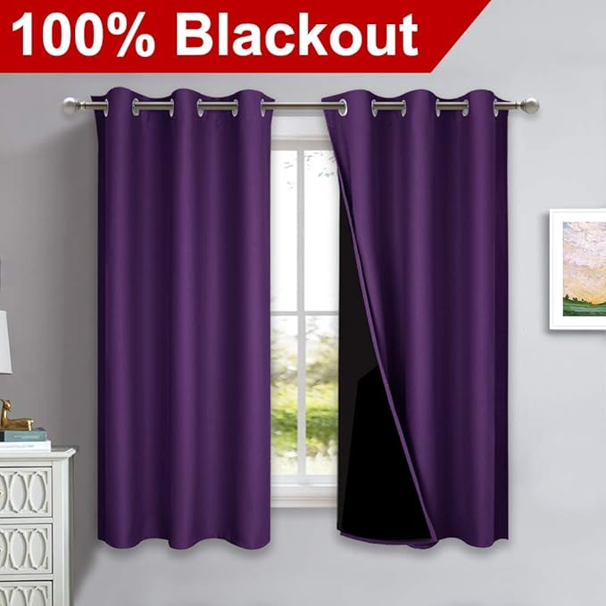 NICETOWN 100% Blackout Short Curtains with Black Liners, 2 Panels, 37" W by 63" L, Royal Purple, Solid Thermal Insulated Full Blackout 2-Layer Lined Drapes, Energy Efficiency Window Drapes for Bedroom