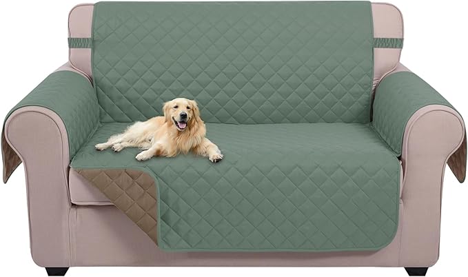 U-NICE HOME Loveseat Sofa Cover Reversible Couch Cover for Dogs with Elastic Straps Water Resistant Furniture Protector for Pets Couch Cover for 2 Cushion Couch (Loveseat, Greyish Green/Taupe)