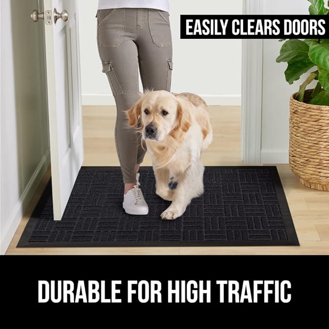 GORILLA GRIP 100% Waterproof All-Season WeatherMAX Doormat US Designed Natural Rubber, Stain and Fade Resistant, Low Profile Indoor Outdoor Door Mats, Easy Clean Patio Mat, 29x17, Black Maze