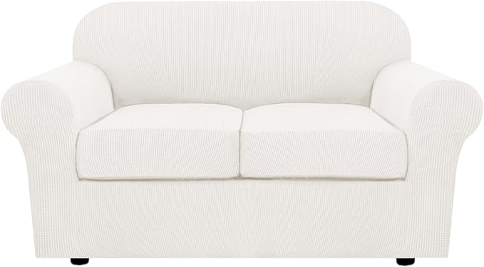 H.VERSAILTEX 3 Piece Stretch Sofa Covers for 2 Cushion Loveseat Couch Covers for Living Room Sofa (Base Cover Plus 2 Seat Cushion Covers) Thicker Jacquard Fabric (Medium Sofa, Porcelain White)