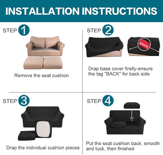 Turquoize 3 Piece Sofa Covers For 2 Cushion Couch Sofa Slipcover Soft Couch Cover For Dogs-Washable Sofa Furniture Covers With 2 Individual Cushion Covers, Feature Thick Fabric (2 Cushion Sofa, Black)