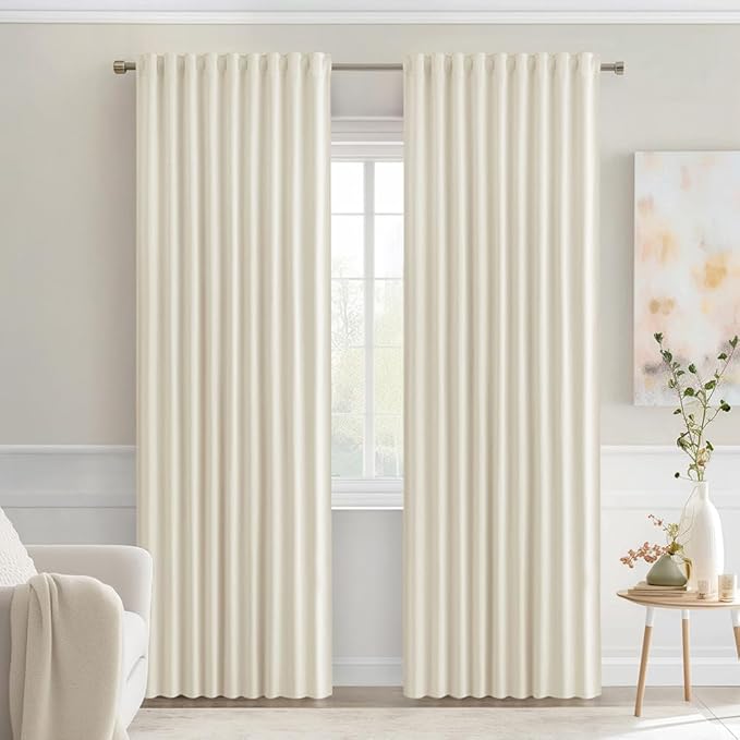 MIULEE Beige White Back Tab Blackout Curtains 72 Inches Long 2 Panels Set for Living Room Bedroom Privacy, Rod Pocket/Pinch Pleat Thermal Insulated Room Darkening Pleated Light Blocking Drapes
