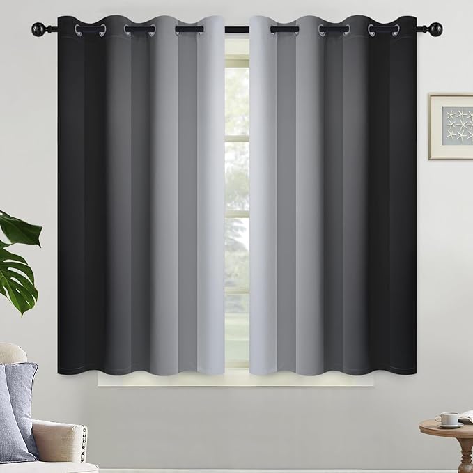 Yakamok Light Blocking Ombre Curtains, Greyish White and Black Gradient Color Curtains, Room Darkening Grommet Window Drapes for Bedroom(Black, 52x54 Inch, 2 Panels)