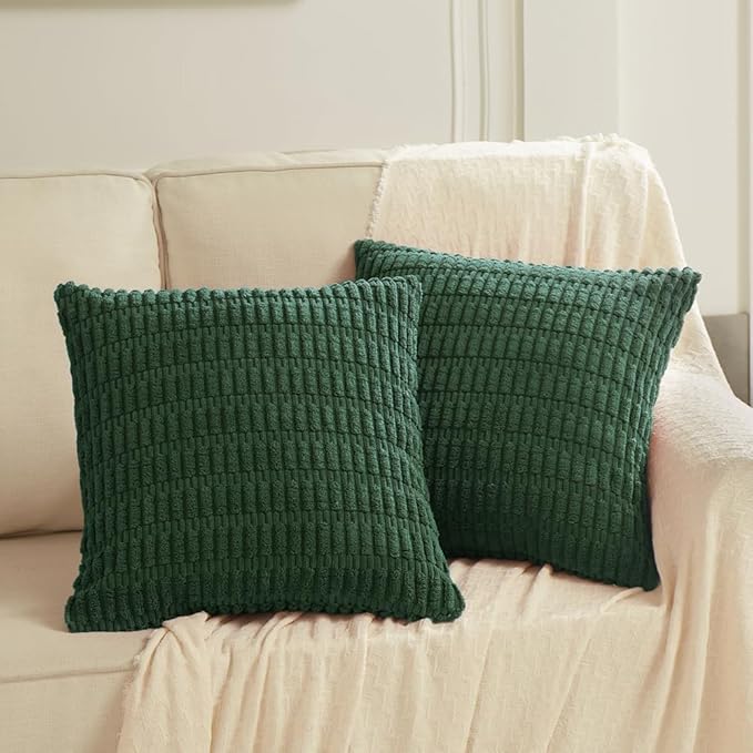 Fancy Homi Set of 4 Dark Green Boho Decorative Throw Pillow Covers 18x18 Inch for Couch Bed Sofa, Aesthetic Modern Bohemian Room Decor, Soft Fuzzy Fluffy Cozy Corduroy Textured Cushion Case 45x45cm