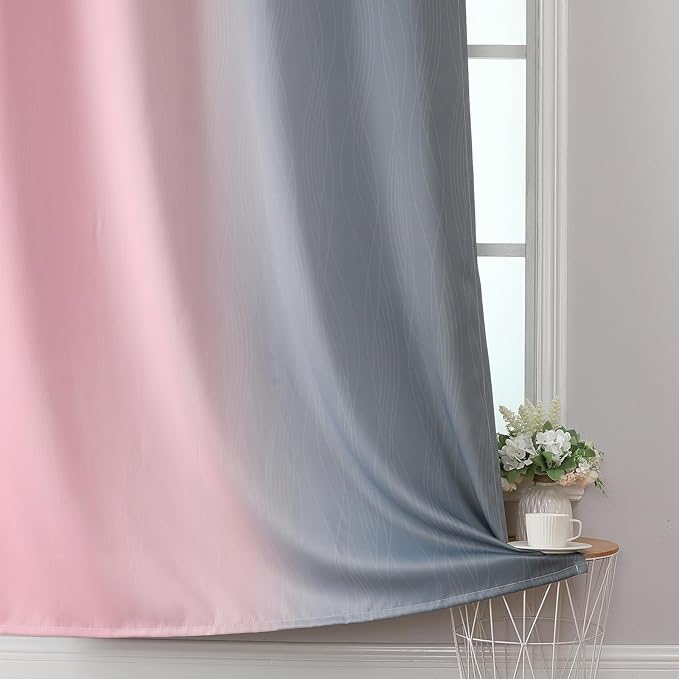 Pink and Grey Blackout Curtains 45 inches Long,Ombre Full Room Darkening Window Curtains for Living Room,Grommet Thermal Insulated Drapes,Light Blocking Curtains for Girls Bedroom,52x45 Inch, 2 Panels