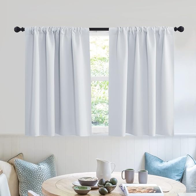 RYB HOME Privacy Bathroom Window Curtains, Short Thermal Insulated Heat Blocking Privacy Rod Pocket Half Window Curtain Tiers for Nursery Bedroom, Width 42 by Length 30, Greyish White, 2 Panels