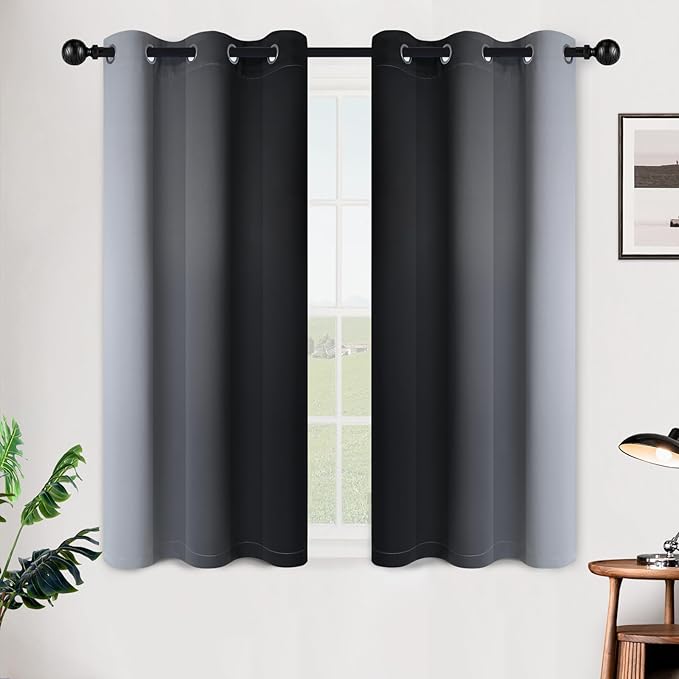 SimpleHome Ombre Room Darkening Curtains 45 inches Length for Bedroom,Grommet Gradient Light Blocking Black Gradient Window Curtains for Living Room,2 Panels, 42x45 inches