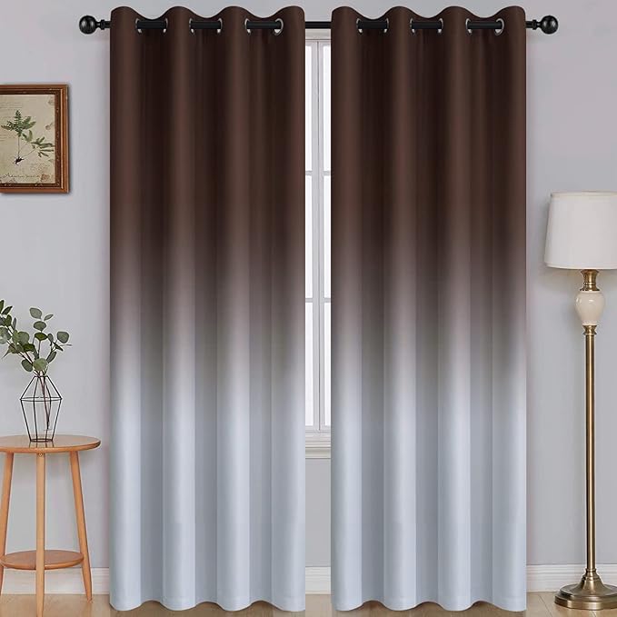 SimpleHome Ombre Room Darkening Curtains for Living Room, Light Blocking Gradient Brown to Grey White Thick Thermal Insulated Grommet Window Curtains/Drapes for Bedroom, 2 Panels, 52x84 inches Length