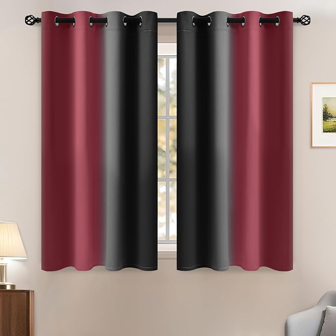 Yakamok Blackout Ombre Burgundy and Black Curtains for Bedroom, Gradient Room Darkening Curtains, Grommet Thermal Insulated Light Blocking Window Drapes/Curtain for Living Room,52 x 54 Inch,2 Panels
