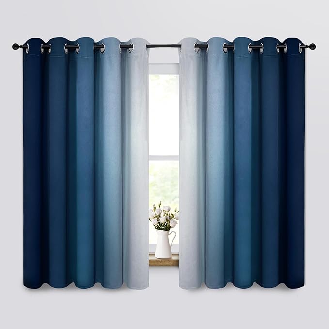 Yakamok Blue Ombre Curtains Room Darkening Grommet Curtains for Bedroom, Light Blocking Thermal Insulated Window Drapes for Living Room(2 Panels, 62x63 Inch)