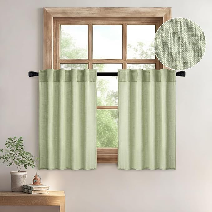 MIULEE Sage Green Kitchen Curtains 24 Inch Length 2 Panels, Soft Thick Linen Textured Semi Sheer Light Filtering Short Cafe Tier Curtains for Small Half Window Bathroom Laundry Back Tab Rod Pocket