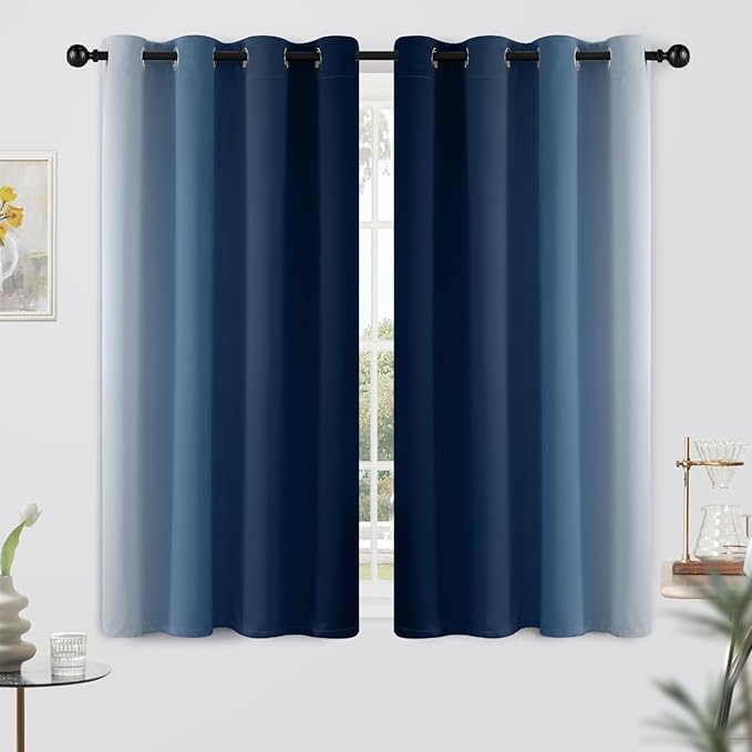 Yakamok Blue and Greyish White Ombre Curtains, Room Darkening Gradient Color Curtains for Bedroom, Light Blocking Thermal Insulated Window Drapes for Living Room(2 Panels, 52x54 Inch)