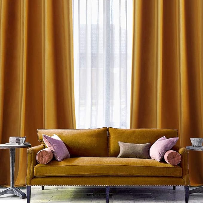 MIULEE 2 Panels Blackout Velvet Curtains Solid Soft Grommet Mustard Yellow Curtains Thermal Insulated Soundproof Room Darkening Curtains/Drapes/Panels for Fall Living Room Bedroom 52 x 84 Inch