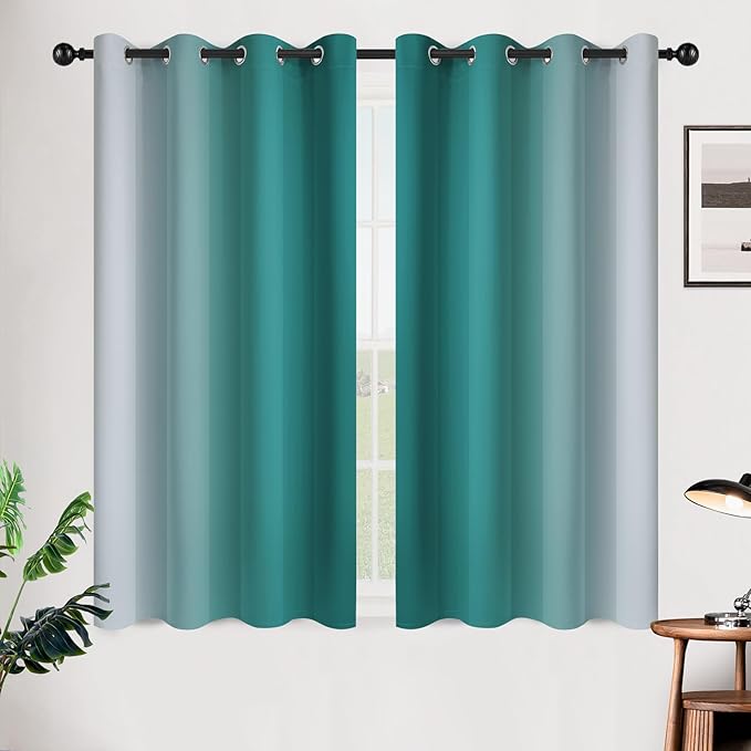 SimpleHome Ombre Room Darkening Curtains 45 inches Length for Bedroom,Grommet Gradient Light Blocking Teal Gradient Window Curtains for Living Room,2 Panels, 52x45 inches