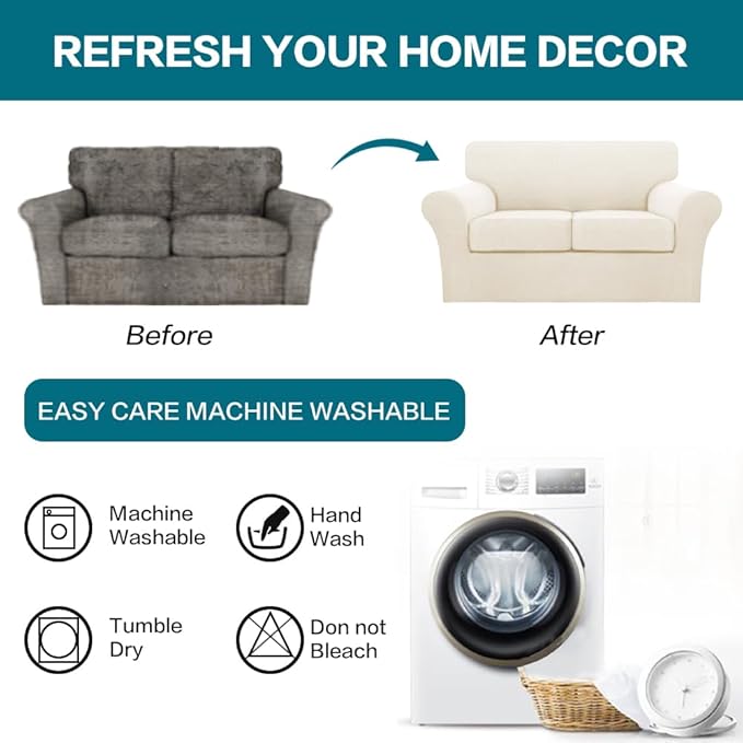 Turquoize 3 Piece Sofa Covers for 2 Cushion Couch Sofa Slipcover Soft Couch Cover for Dogs-Washable Furniture Cover with 2 Individual Covers, Feature Fabric (2 Cushion Sofa, Cream)
