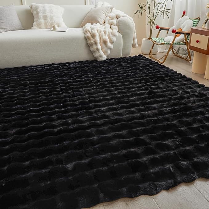 Black Rabbit Plush Rug 8'x10', Fluffy Faux Fur Shaggy Area Rug for Nursery, Kids Room Decor, Soft Fuzzy Carpet for Living Room, Bedroom, Teen Girls Room
