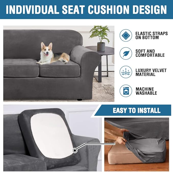 H.VERSAILTEX Velvet 4 Piece High Stretch Sofa Slipcover Cover Furniture Protector Form Fit Luxury Thick Velvet Extra Large Sofa Cover for 3 Cushion Couch Width Up to 105 Inch (XL Sofa, Gray)