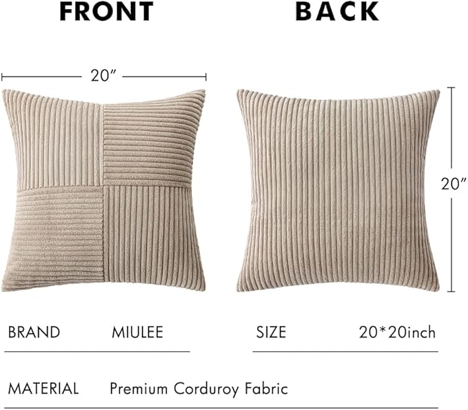 MIULEE Light Brown Decorative Throw Pillow Covers 20x20 Inch for Couch Bed Sofa Pack of 2 Boho Neutral Farmhouse Throw Pillows Soft Cross Corduroy Patchwork Textured Cushion Cases