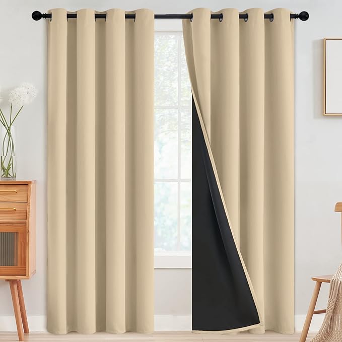 SimpleHome 100% Blackout Curtains for Bedroom,Thermal Insulated Grommet Window Drapes Room Darkening Beige Curtains for Living Room with Black Back,52 x 96 Inch,2 Panels