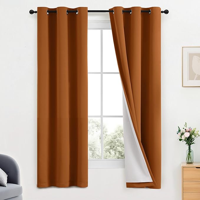 Yakamok Room Darkening 100% Blackout Curtains Grommet Window Treatments with 2 Thick Layers-Burnt Orange Thermal Insulated Drapes Set of 2 Panels for Bedroom Living Room 38 Inches by 63 Inches Length