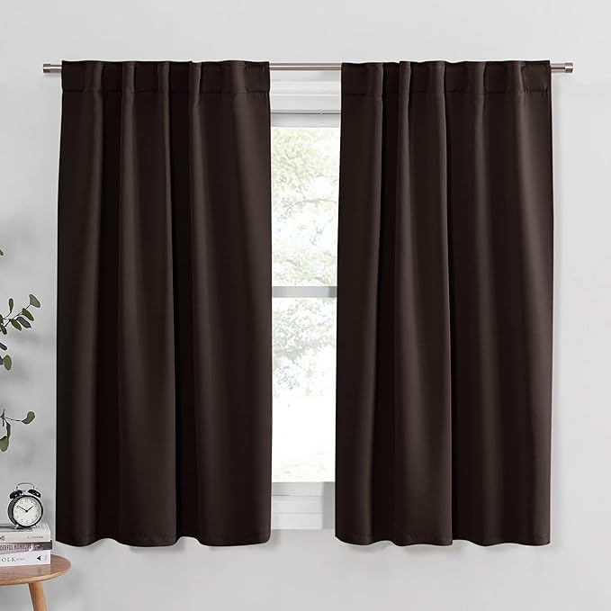 Pony Dance Short Length Curtains for Kitchen, Solid Half Window Curtain Tiers for Bathroom Energy Saving Privacy Shade for RV Camper (2 Panels, Brown, 34x45 Inch)