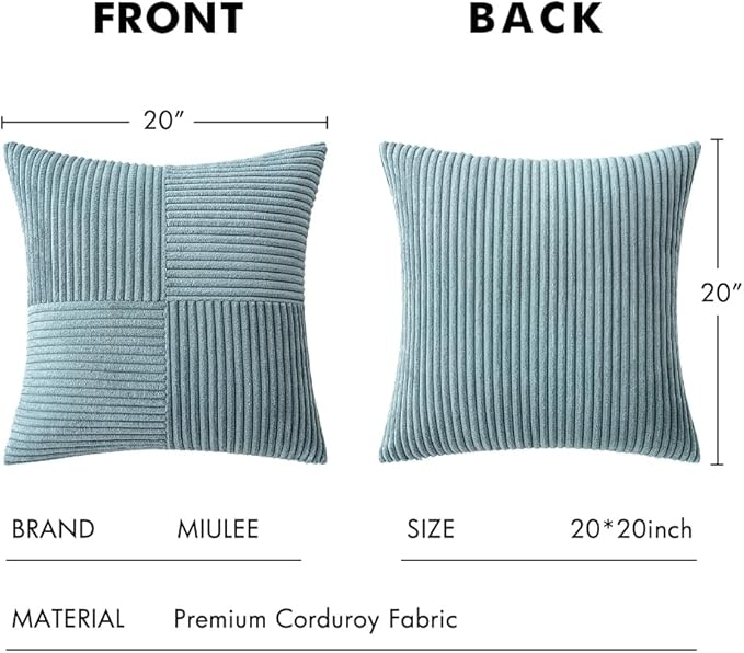 MIULEE Sky Blue Decorative Throw Pillow Covers 20x20 Inch for Couch Bed Sofa Pack of 2 Boho Farmhouse Throw Pillows Soft Cross Corduroy Patchwork Textured Cushion Cases