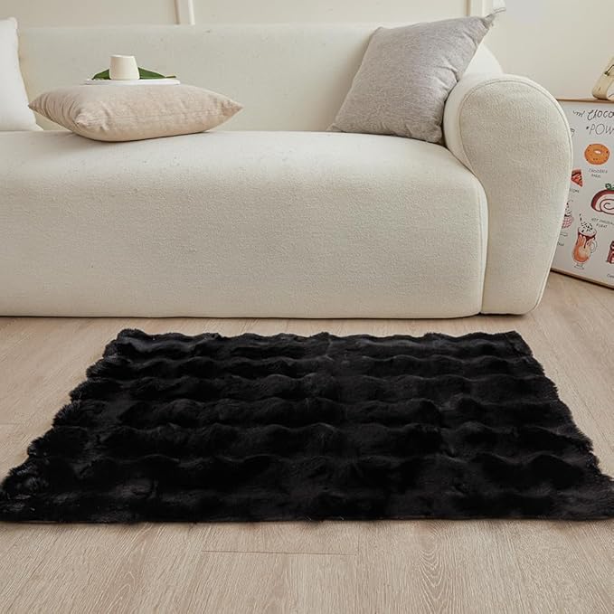 Black Rabbit Plush Rug 2'x3', Fluffy Faux Fur Shaggy Area Rug for Nursery, Kids Room Decor, Soft Fuzzy Carpet for Living Room, Bedroom, Teen Girls Room