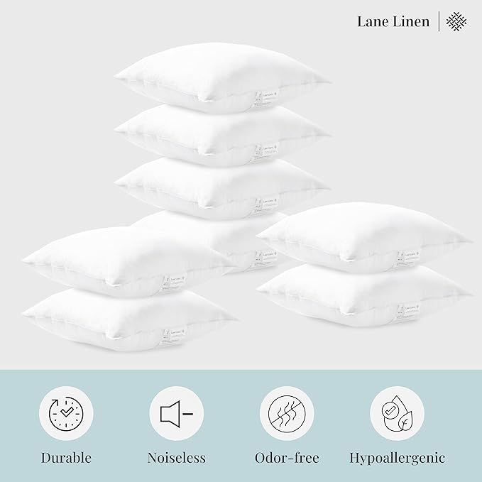 LANE LINEN Throw Pillow Inserts 18" x 18" - Set of 8 White Down Alternative Pillows for Bed, Sofa, and Couch - Fluffy Decorative Stuffer Pillow for Indoors
