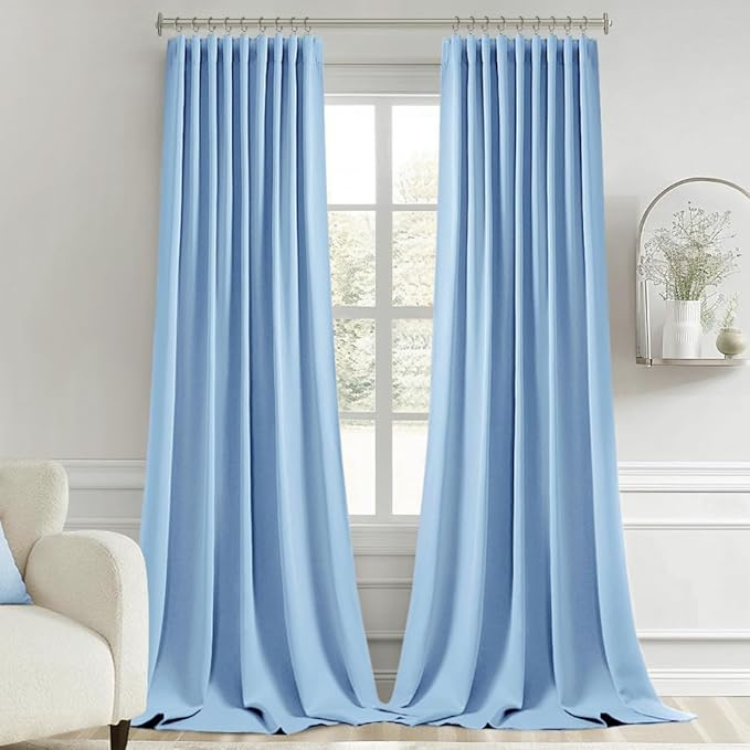 MIULEE Sky Blue Back Tab Blackout Curtains 108 Inch Long 2 Panels Set for Bedroom, Rod Pocket/Pinch Pleat Extra Long Thermal Insulated Living Room Darkening Pleated Light Blocking Drapes