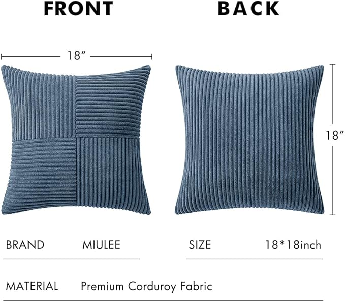MIULEE Blue Decorative Throw Pillow Covers 18x18 Inch for Couch Bed Sofa Pack of 2 Boho Farmhouse Throw Pillows Soft Cross Corduroy Patchwork Textured Cushion Cases