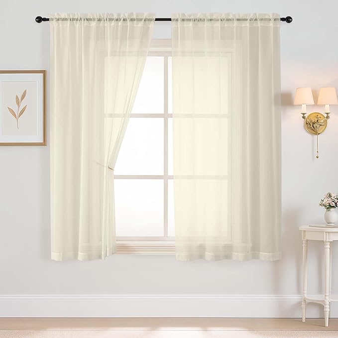 Cream Sheer Curtains 63 Inch Length 2 Panels, Voile Sheer Curtain for Living Room, Breathable Light Filtering Modern Window Treatments, Soft Fabric Dual Rod Pocket Drapes, 2x42Wx63L Inches