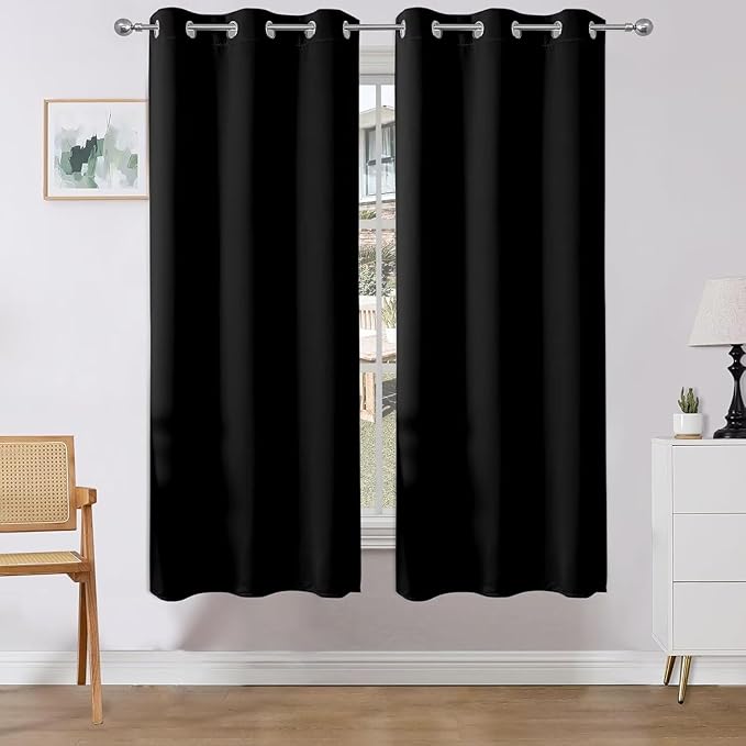 Joydeco Blackout Curtains 63 Inch Length 2 Panels Set, Thermal Insulated Long Curtains& Drapes 2 Burg, Room Darkening Grommet Drapes for Bedroom Living Room Window (Black, W52 x L63 Inch)