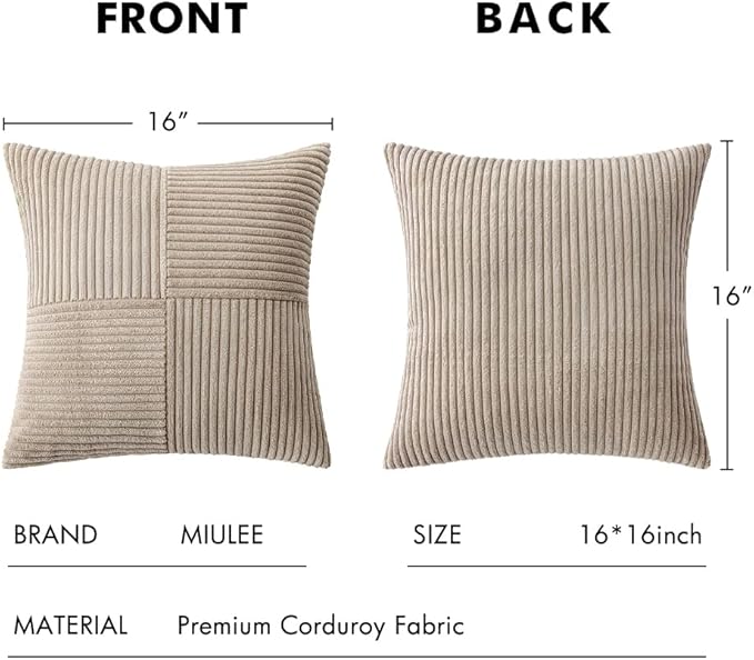 MIULEE Light Brown Decorative Throw Pillow Covers 16x16 Inch for Couch Bed Sofa Pack of 2 Boho Neutral Farmhouse Throw Pillows Soft Cross Corduroy Patchwork Textured Cushion Cases