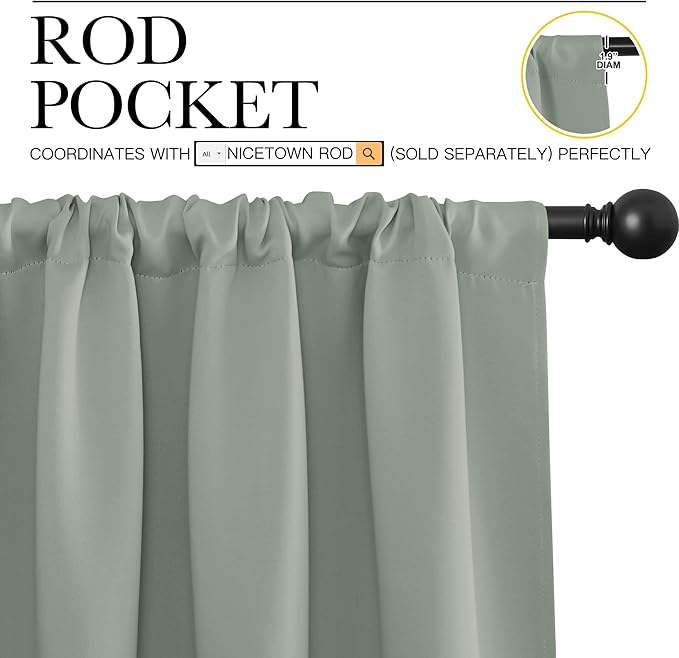 NICETOWN 2 Panels Blackout Curtains, Rod Pocket Thermal Insulated Drapes 84 inches Long, Easy-Care Modern Home Decoration Sunshades for Guest Room, Living Room, Office, 62 x 84 Inch, Greyish Green
