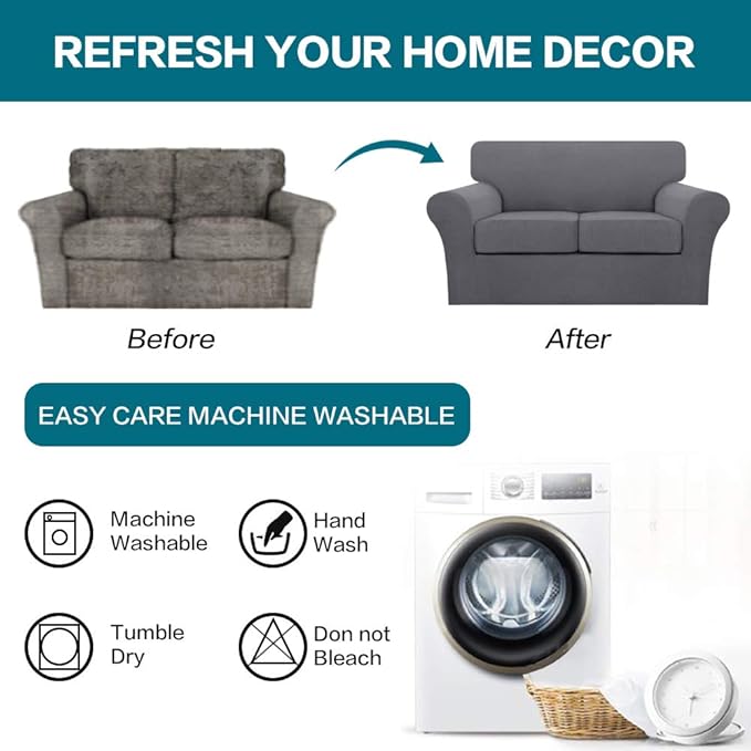 Turquoize 3 Piece Sofa Covers for 2 Cushion Couch Sofa Slipcover Soft Couch Cover for Dogs-Washable Sofa Furniture Covers with 2 Individual Cushion Covers, Feature Thick Fabric (2 Cushion Sofa, Gray)