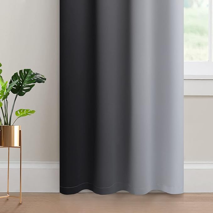 Yakamok Light Blocking Grommet Ombre Curtains,Symmetrical Gradient Color Curtains, Room Darkening Drapes for Bedroom (Black and Greyish White, 52x96 Inch, Set of 2)