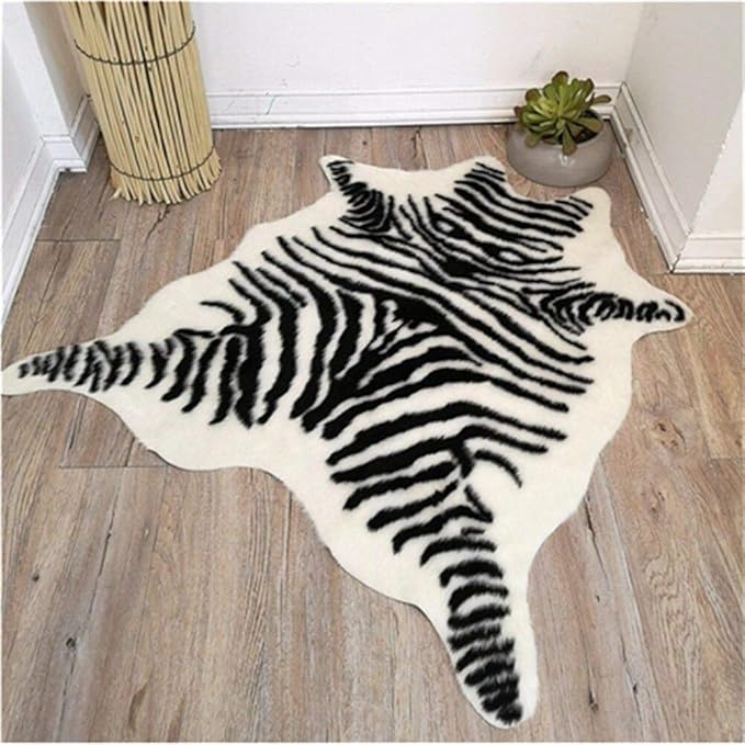 Zebra Print Rug Faux Animal Cowhide Skin Area Rug Leather Carpet Mat Large Size for Home Office Livingroom 7.9'x5.6'