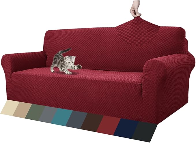 ZNSAYOTX 1 Piece Jacquard Couch Covers for 3 Cushion Couch Living Room High Stretch Sofa Cover Pets Dogs Friendly Anti Slip Thickened Slipcovers Furniture Protector (Sofa, Wine Red)