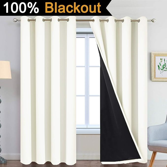Yakamok 100% Blackout Curtains Thermal Insulated Curtain Panels with Black Liner for Bedroom, Heat Blocking Drapes for Living Room(52Wx96L, Cream, 2 Panels)