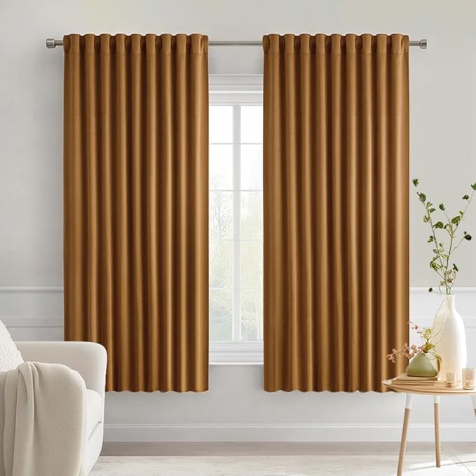 MIULEE Golden Brown Back Tab Blackout Curtains 63 Inch Length 2 Panels Set for Living Room Bedroom Privacy, Rod Pocket/Pinch Pleat Thermal Insulated Room Darkening Pleated Light Blocking Drapes