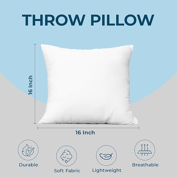 Utopia Bedding Throw Pillows (Set of 1, White) – 16 x 16 Inches Down Alternative Pillows for Bed, Sofa, and Couch - Fluffy Decorative Stuffer Pillow for Indoors & Outdoors