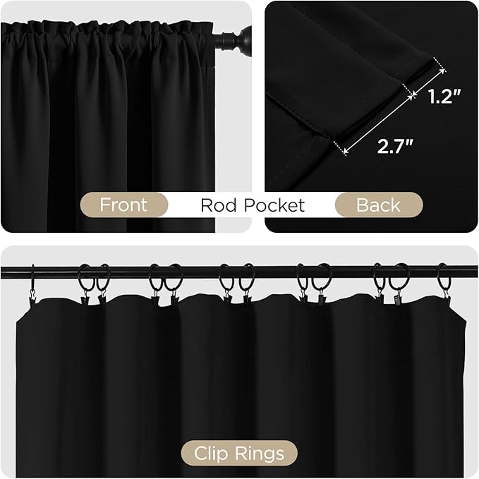 CUCRAF Black Blackout Curtains 96 inch Length 2 Panels Set, Rod Pocket Room Darkening Drapes for Bedroom Living Room, Insulated Thermal Light Blocking Window Curtain (W52 x L96 Inch)