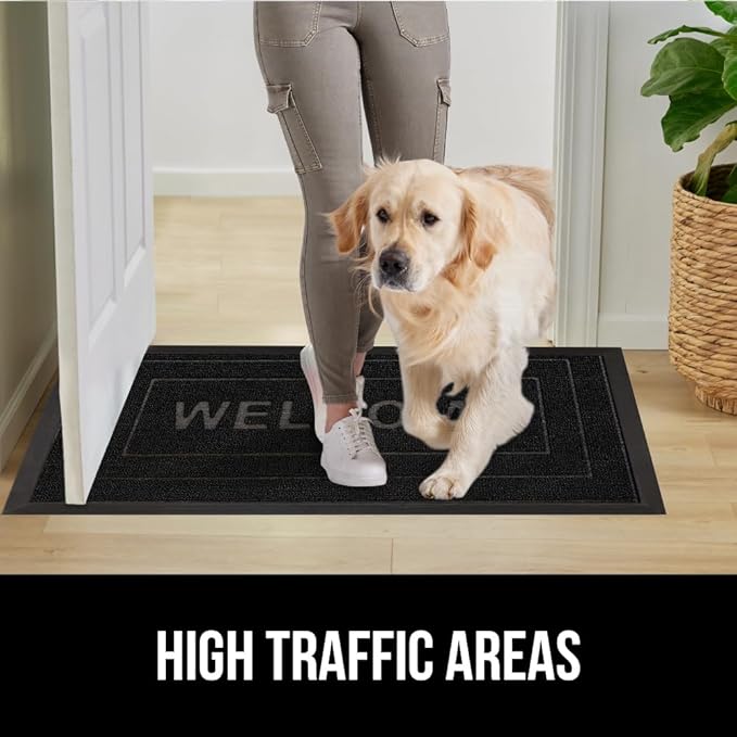 GORILLA GRIP 100% Waterproof All-Season WeatherMAX Doormat, 47x35, US Designed Natural Rubber, Stain and Fade Resistant, Low Profile Indoor Outdoor Door Mats, Easy Clean Patio Mat, Black Welcome