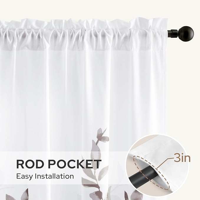 HOMEIDEAS Non-See-Through Dry Rose and White Privacy Sheer Curtains 52 X 96 Inch Length 2 Panels, Leaf Floral Printed Light Filtering Semi Sheer Window Curtains Drapes for Bedroom Living Room