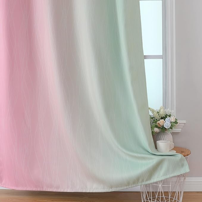 Estelar Textiler Sage Green and Pink Blackout Curtains 84 Inches Long for Living Room, Thermal Insulated Ombre Full Light Blocking Grommet Blackout Drapes for Bedroom, 52Wx84L, 2 Panels