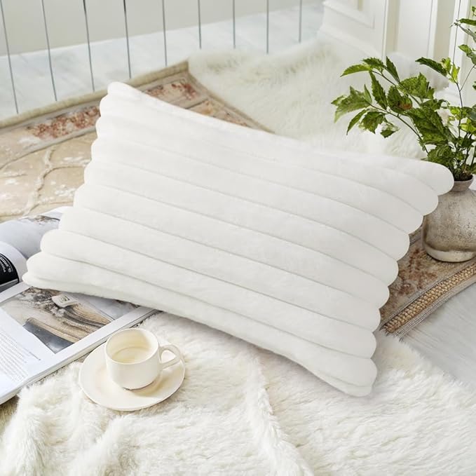 decorUhome Summer Cozy Faux Fur Throw Pillow Covers 12x20 Set of 2 Decorative Soft Plush Striped Lumbar Modern Farmhouse Boho Couch Pillow Cases with Velvet Back for Sofa Bed Living Room, White