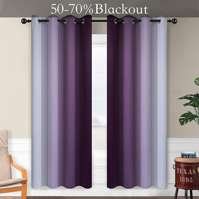 SimpleHome Ombre Room Darkening Curtains for Living Room, Light Blocking Gradient Purple to Gray White Thick Thermal Insulated Grommet Window Curtains/Drapes for Bedroom, 2 Panels, 52x72 inches Length