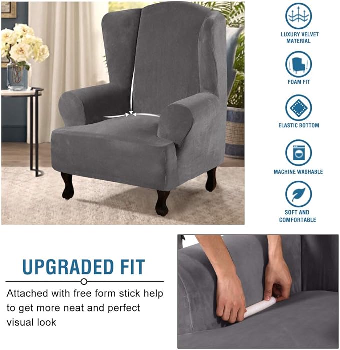 H.VERSAILTEX Wingback Chair Covers Velvet Plush Wing Chair Slipcover 1 Piece High Stretch Wing Back Chair Slipcovers Sofa Cover Furniture Cover with Elastic Bottom, Grey