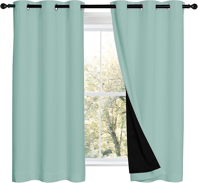 NICETOWN 100% Blackout Curtains 54 inches Long, Double-Deck Completely Blackout Window Treatment Thermal Insulated Lined Drapes for Small Window (Aqua Blue, 1 Pair, 42 inches Width Each Panel)